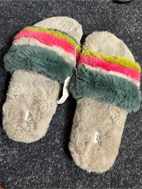 aerie Gray Faux-Fur Slide Slippers with Teal, Hot Pink & Lime Stripes